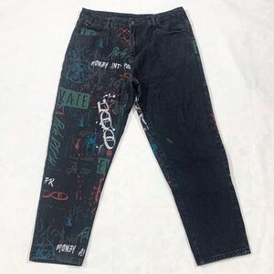 Romwe Mens Black Jeans Actual 36x29 Money Power Rich AOP Baggy Tapered Leg EUC